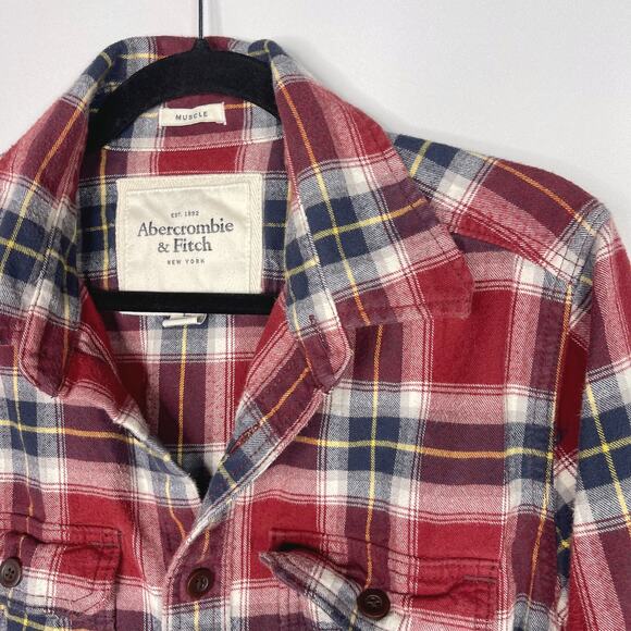 Abercrombie & Fitch Mens Large L Red Blue Plaid Flannel Button Down Shirt Cotton - Picture 3 of 7